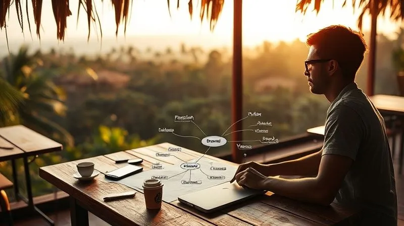 A photorealistic image of a diverse digital nomad, sitting at a rustic wooden table in a co-working space overlooking a lush tropical landscape. They are thoughtfully sketching a mind map of their personal brand identity, with clear keywords like 'passion,' 'skills,' 'values,' and 'target audience' emerging. The scene is bathed in warm, natural light, conveying clarity and purpose. Shot on a high-end DSLR, 8K, cinematic lighting, sharp focus on the mind map and the nomad's thoughtful expression, depth of field blurring the background.