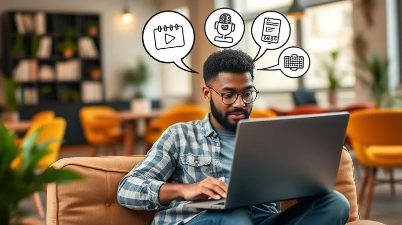 A photorealistic image of a digital nomad sitting comfortably in a vibrant co-working space, with a laptop open showing a well-organized content calendar. They are actively engaged in creating a blog post, with thought bubbles above their head depicting diverse content formats like a short video, a podcast microphone, and a blog article icon, all connected by a narrative thread. The scene is bright and inspiring, with a sense of creative flow. Shot on a high-end DSLR, 8K, cinematic lighting, sharp focus on the nomad and laptop, depth of field blurring the background.