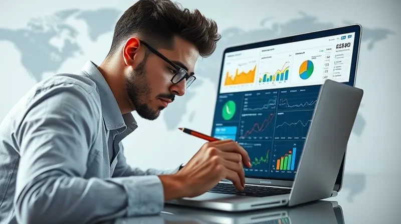A photorealistic image of a digital nomad focused intently on a laptop screen displaying various analytics dashboards (Google Analytics, social media insights) with colorful charts and graphs. The nomad is holding a pen, contemplating the data, with a world map subtly visible in the background, symbolizing global reach and data. The scene is clean and professional, emphasizing data-driven decision-making. Shot on a high-end DSLR, 8K, cinematic lighting, sharp focus on the screen and the nomad's thoughtful expression, depth of field blurring the background.