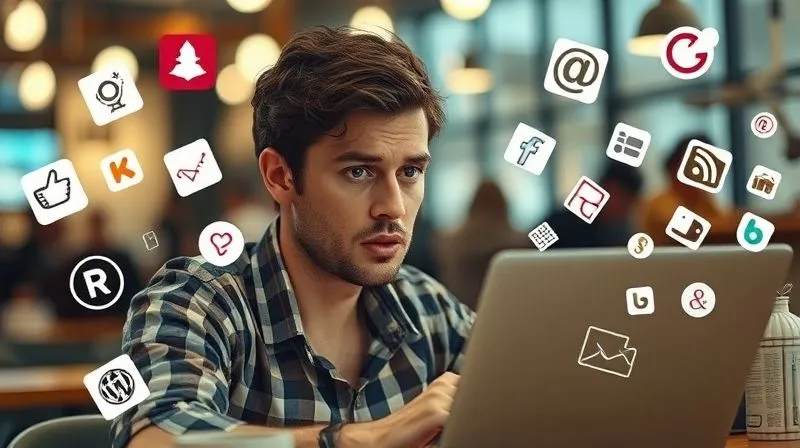 A photorealistic image of a digital nomad looking slightly overwhelmed and frustrated, surrounded by a chaotic array of generic, mismatched branding elements (random logos, inconsistent social media icons, a generic website template on a laptop). The background is a blurry, busy cafe scene, symbolizing distraction and lack of focus. The lighting is slightly dim, conveying a sense of struggle. Shot on a high-end DSLR, 8K, cinematic lighting, sharp focus on the nomad's expression and the chaotic elements, depth of field blurring the background.
