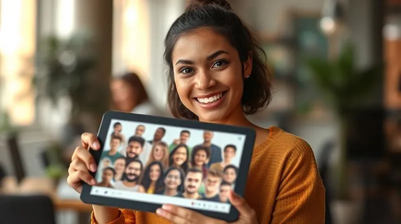A photorealistic image of a digital nomad with a warm, genuine smile, looking directly into the camera, holding a tablet displaying a diverse group of connected profiles. The background is a soft-focus, modern co-working space with natural light. Cinematic lighting, sharp focus on the nomad's face, depth of field blurring the background, 8K hyper-detailed, professional photography, shot on a high-end DSLR, conveying trust and sincerity.