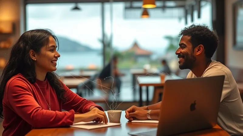 A photorealistic image of two diverse digital nomads, one in a cafe in Lisbon and another in a co-working space in Bali, genuinely smiling and making eye contact through a high-quality video call on their laptops. The screens show a clear, vibrant connection, with subtle digital lines extending between them, symbolizing authentic online interaction. Cinematic lighting, sharp focus on their faces, depth of field blurring their respective backgrounds, 8K hyper-detailed, professional photography, shot on a high-end DSLR, emphasizing connection over distance.