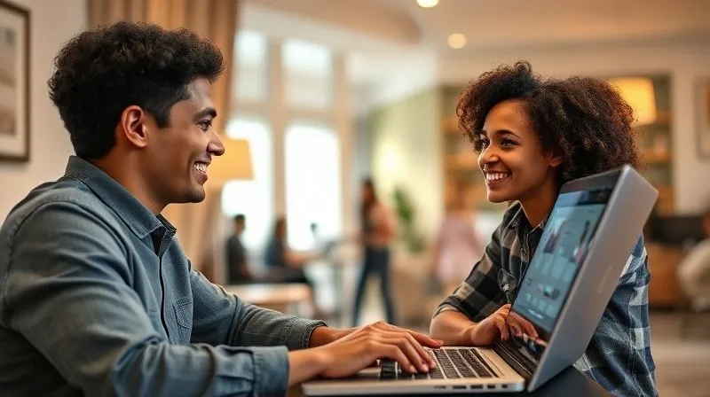 A photorealistic image of a digital nomad engaged in a professional video call on a laptop, with a diverse international colleague on the screen. Both are smiling and making direct eye contact, conveying a strong, authentic connection despite the distance. The nomad's background is a tastefully decorated home office, while the colleague's background is a bustling co-working space. Cinematic lighting, sharp focus on both faces, depth of field blurring the backgrounds, 8K hyper-detailed, professional photography, shot on a high-end DSLR, emphasizing personal connection.