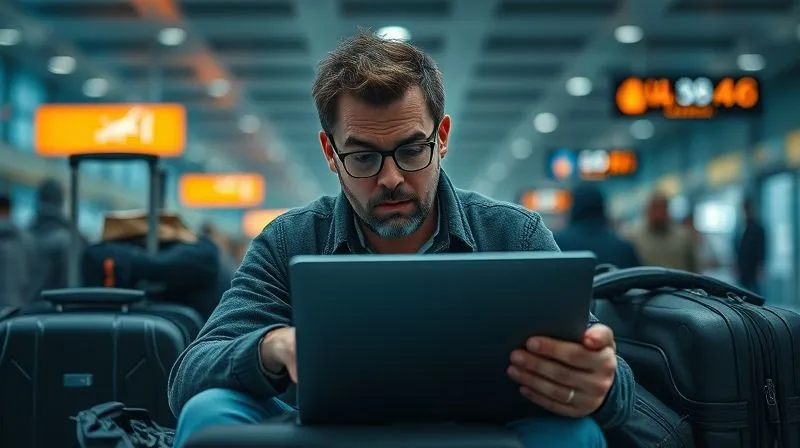 Photorealistic image of a digital nomad looking stressed while trying to fix a broken laptop in a foreign airport, surrounded by chaotic luggage and worried expressions. Dramatic cinematic lighting, sharp focus on the laptop and the nomad's face, depth of field blurring the background, 8K hyper-detailed, professional photography, shot on a high-end DSLR.