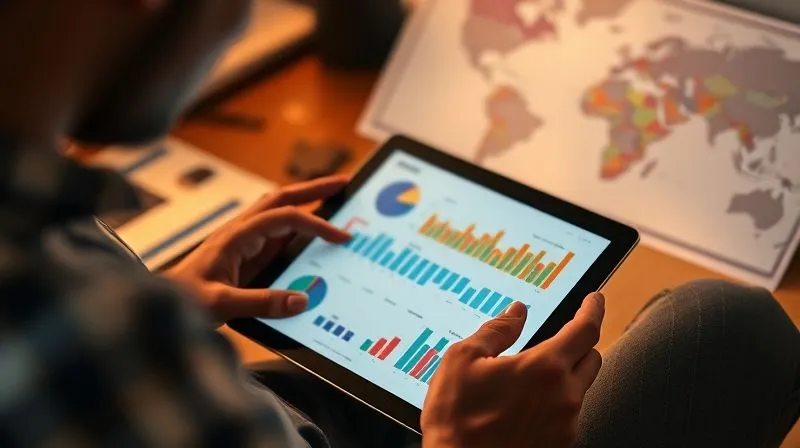 Photorealistic image of a digital nomad meticulously tracking expenses on a tablet, with colorful pie charts and bar graphs displaying financial data. The background shows a minimalist, organized workspace with a passport and a world map. Cinematic lighting, sharp focus on the tablet screen, depth of field, 8K hyper-detailed, professional photography, shot on a high-end DSLR.