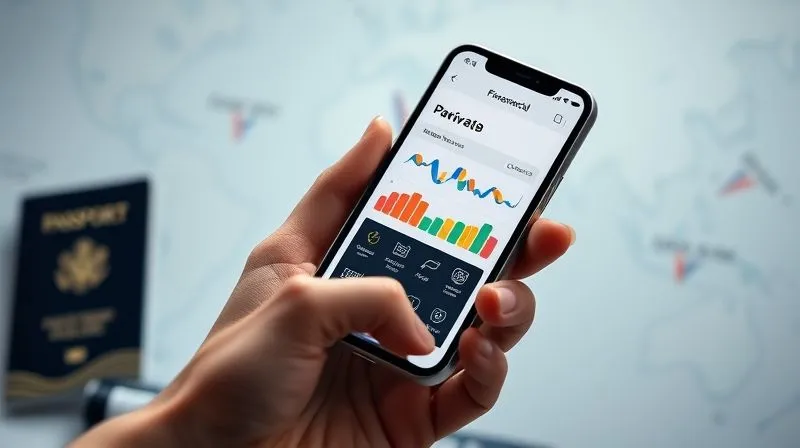 Photorealistic image of a person's hand holding a smartphone, with a financial tracking app open showing colorful charts and a positive balance. In the background, there's a blurred world map and a passport, symbolizing global financial management. Cinematic lighting, sharp focus on the phone screen, depth of field, 8K hyper-detailed, professional photography, shot on a high-end DSLR.
