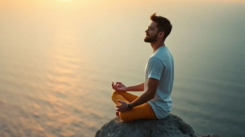 Photorealistic image of a digital nomad meditating peacefully on a cliff overlooking a vast, serene ocean at sunrise. The nomad has a calm, confident expression, symbolizing financial peace of mind and freedom from worry. Cinematic lighting, sharp focus on the nomad, depth of field blurring the ocean, 8K hyper-detailed, professional photography, shot on a high-end DSLR.