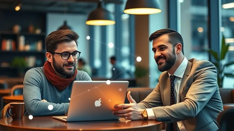 A photorealistic image of two people, one a digital nomad on a laptop in a cafe, the other a professional in an office, engaged in a video call with a friendly, collaborative expression. Digital lines connect them, symbolizing online engagement. Cinematic lighting, sharp focus, 8K, professional photography.