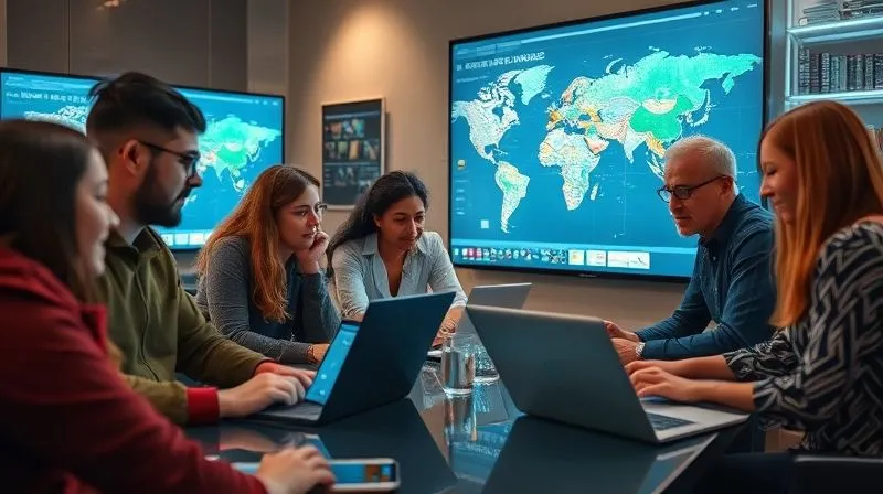 A photorealistic image of a diverse team of digital nomads collaborating on a complex digital project, using various devices like laptops, tablets, and smartboards. The scene is vibrant, with elements of global connection and successful project completion. Cinematic lighting, sharp focus on the collaborative efforts, 8K, professional photography.