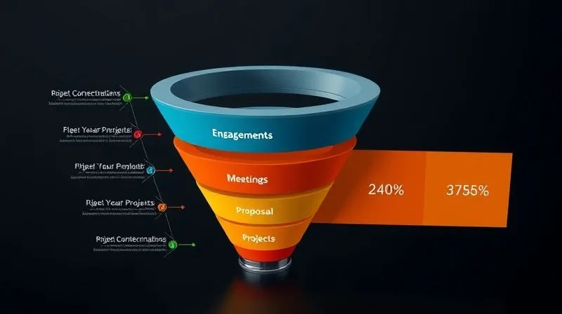 A photorealistic 3D infographic showing a funnel with different stages of conversion: 'Connections', 'Engagements', 'Meetings', 'Proposals', 'Projects'. Each stage has a percentage value, with the funnel narrowing towards the 'Projects' stage. Cinematic lighting, sharp focus, 8K, professional photography.