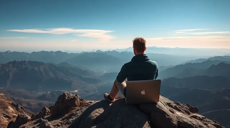 A photorealistic image of a digital nomad sitting calmly on a mountain peak, overlooking a vast, inspiring landscape, with a laptop beside them but looking out at the view. The scene conveys peace, resilience, and balance between work and life. Cinematic lighting, sharp focus, 8K, professional photography.