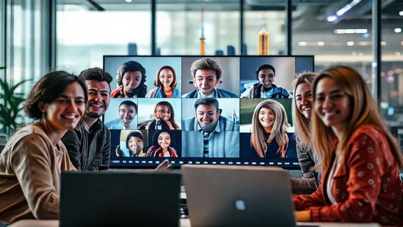 A photorealistic image of a diverse group of digital nomads engaging in a lively video call on a large screen, some are in a modern co-working space, others appear to be in different parts of the world with iconic landmarks subtly blurred in their backgrounds. Cinematic lighting creates a warm, connected atmosphere, sharp focus on their smiling faces, depth of field blurring the technology, 8K hyper-detailed, shot on a high-end DSLR.