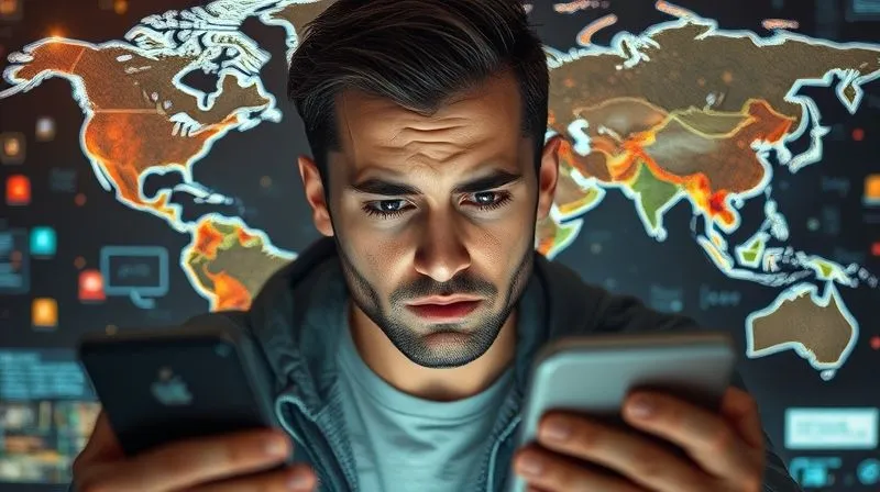 A photorealistic image of a digital nomad looking stressed, surrounded by digital devices showing notifications and a world map with chaotic lines, cinematic lighting, sharp focus, 8K hyper-detailed