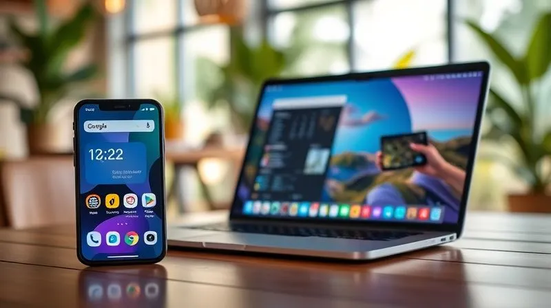 A photorealistic image of a sleek, modern smartphone and a laptop displaying various productivity apps like a task manager, calendar, and a note-taking app, set against a blurred background of a cozy co-working space in a tropical location, cinematic lighting, sharp focus, 8K hyper-detailed