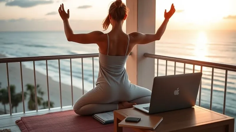 A photorealistic image of a digital nomad performing a morning yoga routine on a balcony overlooking a serene beach at sunrise, with a laptop and a neatly organized planner on a nearby table, capturing a sense of calm and focused preparation, cinematic lighting, sharp focus, 8K hyper-detailed