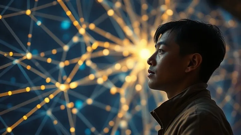 A photorealistic, professional photography, 8K, cinematic lighting image of a lone digital nomad looking at a vast, intricate web of glowing, interconnected lines on a holographic screen, representing the challenge of building deep, meaningful online connections amidst a sea of superficial ones. Sharp focus on the nomad's thoughtful expression, depth of field blurring the background. Shot on a high-end DSLR.