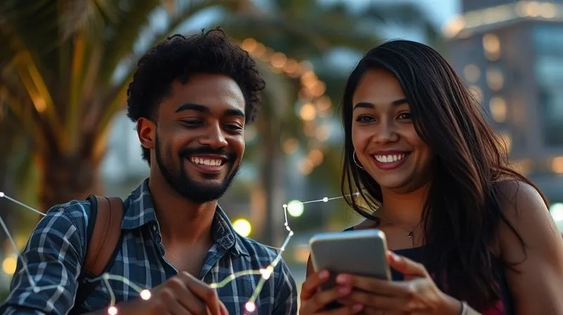 A photorealistic, professional photography, 8K, cinematic lighting image of two digital nomads, one in a tropical setting and another in a city, connected by a subtle, glowing thread of light, symbolizing authentic and consistent online networking. They are smiling, engaged in a video call. Sharp focus on their expressions, depth of field blurring their respective backgrounds. Shot on a high-end DSLR.