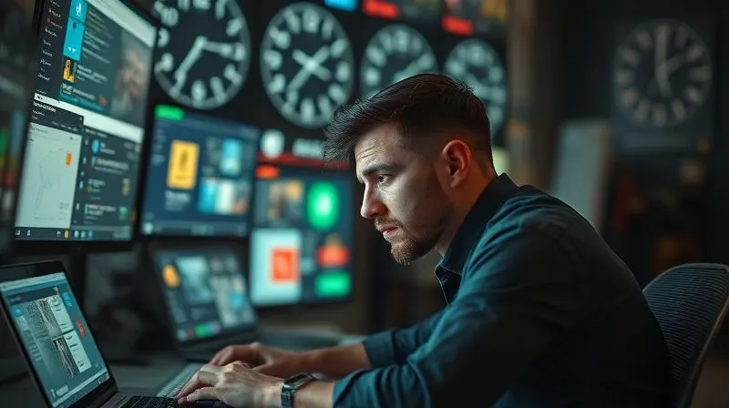 A photorealistic, professional photography, 8K, cinematic lighting image of a digital nomad sitting at a desk, looking overwhelmed by multiple glowing screens displaying various social media feeds and communication apps, symbolizing networking exhaustion. The background is a blurry montage of different time zones. Sharp focus on the nomad's stressed face, depth of field blurring the screens. Shot on a high-end DSLR.