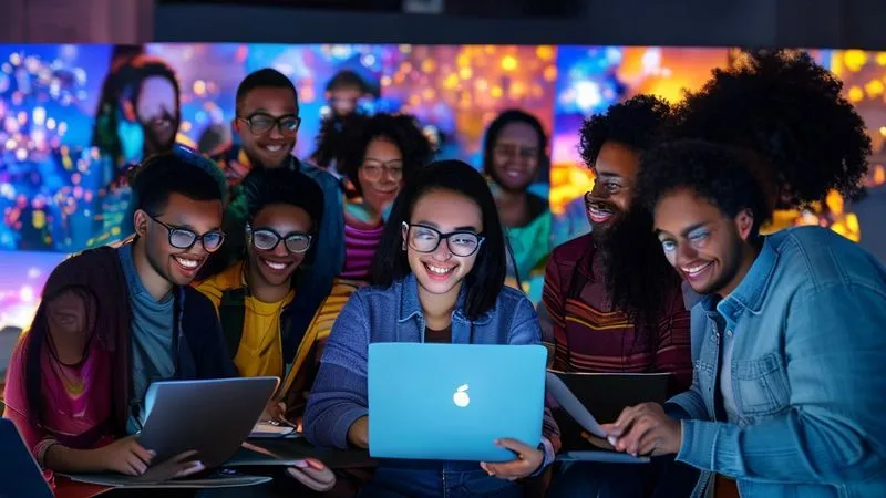 A photorealistic image of diverse people from different parts of the world, each with a laptop or tablet, engaging in a virtual meeting on a large screen in the center. They are smiling and collaborating, with subtle hints of different time zones in their backgrounds (e.g., sunrise, midday, night). Cinematic lighting, sharp focus on their faces and the screen, depth of field blurring the individual backgrounds. Shot on a high-end DSLR, 8K hyper-detailed.