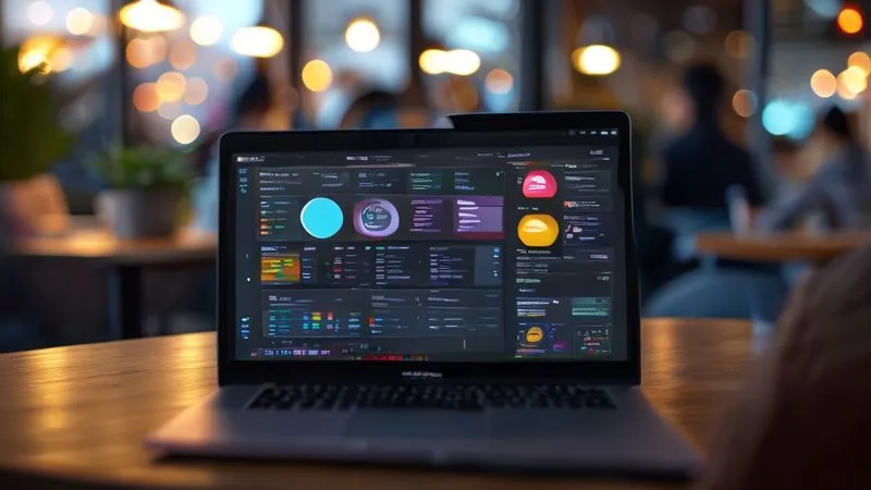 A photorealistic close-up of a modern dashboard on a laptop screen, showing a project management tool like Asana or Trello with tasks, deadlines, and team members clearly visible. The screen is clean and intuitive, with a subtle glow. In the background, out of focus, a digital nomad is working in a comfortable cafe setting. Cinematic lighting, sharp focus on the screen, depth of field blurring the background. Shot on a high-end DSLR, 8K hyper-detailed.