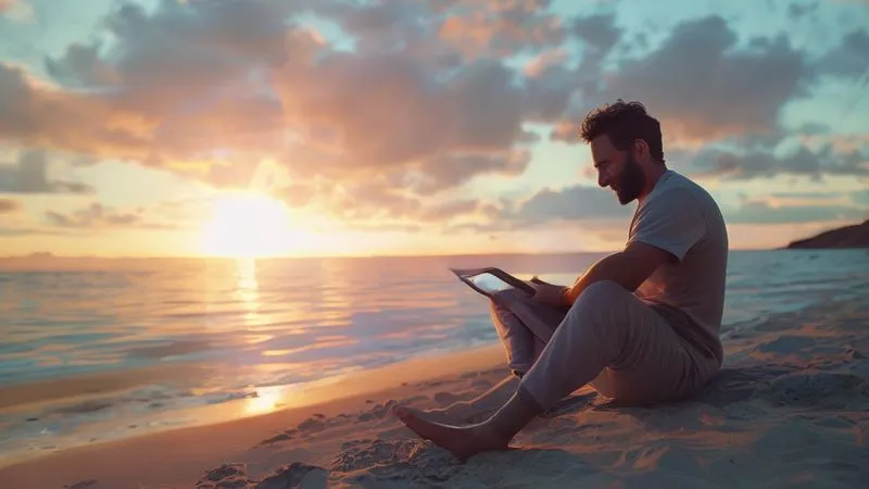 A photorealistic image of a digital nomad, a man, sitting comfortably on a hammack on a pristine beach, looking relaxed and smiling while subtly checking a small tablet. In the background, the sun is setting over the ocean, casting warm, serene light. This image evokes freedom and peace of mind, symbolizing successful delegation. Cinematic lighting, sharp focus on the man, depth of field blurring the background. Shot on a high-end DSLR, 8K hyper-detailed.