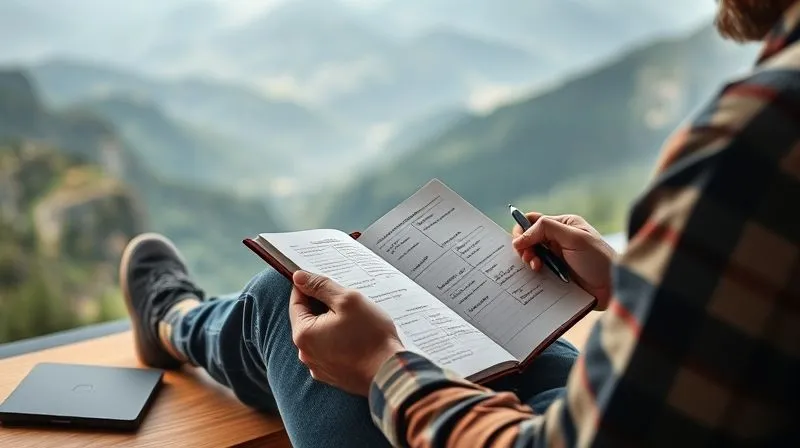 A photorealistic image of a digital nomad holding a notebook and pen, sitting in a thoughtful pose at a minimalist desk overlooking a scenic mountain landscape. There's a mind map or bullet points clearly visible on the page, representing goal setting and self-reflection. Professional photography, 8K, cinematic lighting, sharp focus on the notebook, depth of field blurring the background, shot on a high-end DSLR.