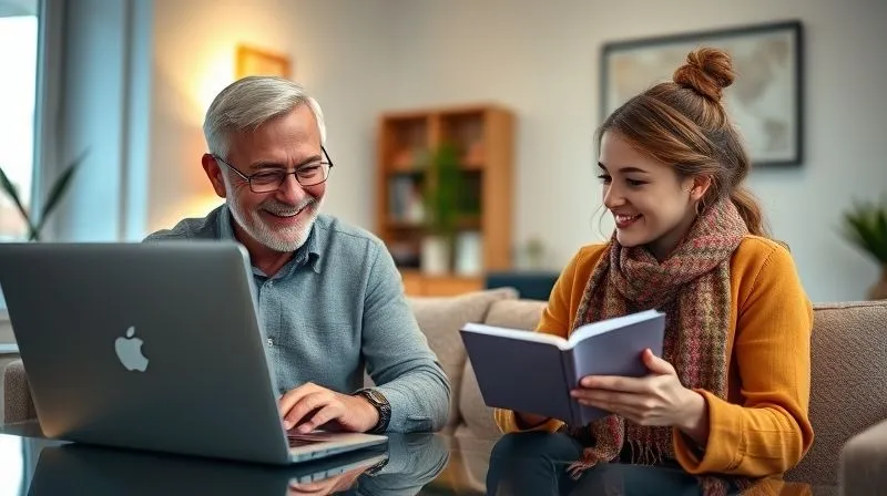 A photorealistic image of two diverse individuals, one older and one younger, engaged in a vibrant video call on a laptop. The older person (mentor) is smiling warmly, offering advice, while the younger person (mentee) is actively listening and taking notes, with a look of understanding and inspiration. The background is a modern, clean home office for both, with subtle hints of travel for the mentee. Professional photography, 8K, cinematic lighting, sharp focus, depth of field, shot on a high-end DSLR.