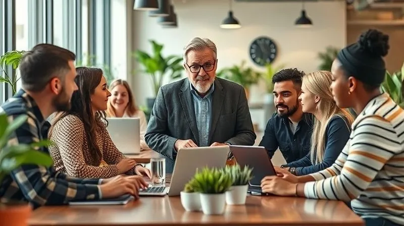 A photorealistic image of a diverse group of digital nomads, some on laptops, others in conversation, in a modern, open-plan co-working space. A central figure, looking experienced and wise, is subtly guiding a discussion or offering advice to a younger nomad. The atmosphere is collaborative and inspiring, with plants and natural light. Professional photography, 8K, cinematic lighting, sharp focus on the interaction, depth of field, shot on a high-end DSLR.