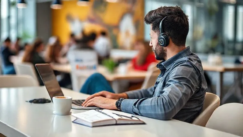 A photorealistic image of a digital nomad sitting comfortably in a vibrant co-working space, looking at a laptop screen displaying a content calendar and analytics. On the table, there's a notebook with ideas and a coffee cup. A diverse group of people are subtly blurred in the background, suggesting a global community. Professional photography, 8K, cinematic lighting, sharp focus on the nomad and laptop, depth of field. Emphasize focus, planning, and global reach.