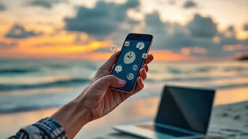 A photorealistic image showing a digital nomad's hand holding a smartphone, displaying multiple icons representing different income streams (e.g., a book for e-books, a play button for courses, a percentage sign for affiliate marketing, a globe for global clients). The background is a serene beach at sunset, with a laptop subtly visible. Professional photography, 8K, cinematic lighting, sharp focus on the hand and phone, depth of field blurring the background. Emphasize diverse income and freedom.