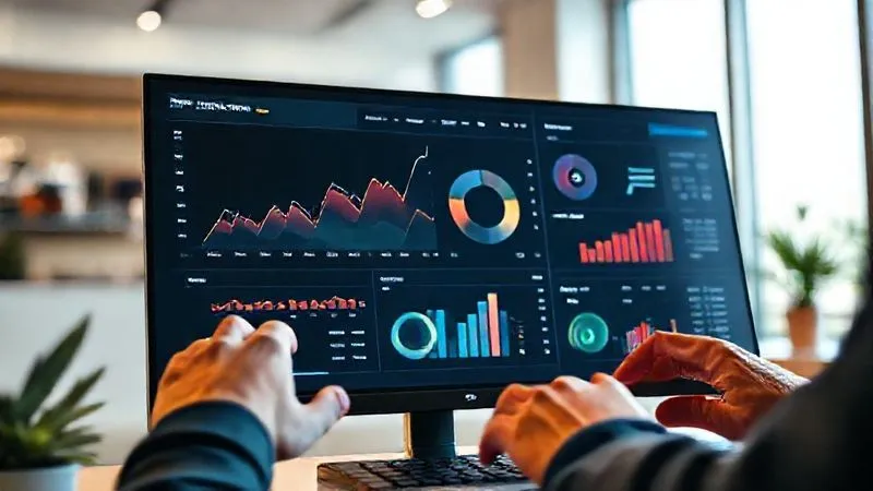 A photorealistic image of a sleek, modern dashboard on a large monitor, displaying various data visualizations: line graphs showing revenue growth, pie charts of traffic sources, and bar charts of conversion rates. Hands are subtly interacting with a mouse and keyboard. The background is a minimalist, modern office space with soft, natural light. Professional photography, 8K, cinematic lighting, sharp focus on the screen, depth of field. Emphasize data-driven decision making and growth.