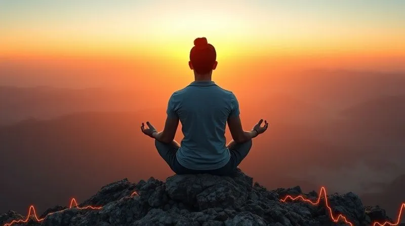 A photorealistic image of a person sitting cross-legged on a mountain peak at sunrise, meditating, with subtle digital lines of data flowing around them, symbolizing the connection between inner peace (mindset) and digital income streams. Cinematic lighting, sharp focus, 8K hyper-detailed, shot on a high-end DSLR.