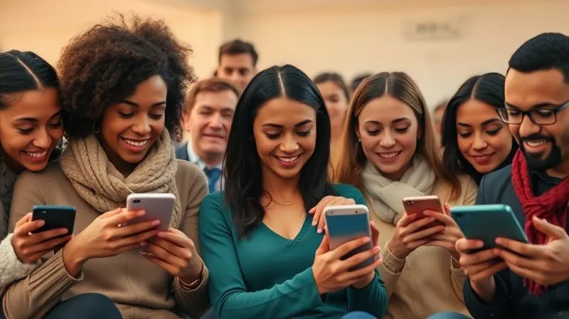 A photorealistic image of a diverse group of people from different cultures, all looking at their phones or tablets, engaged with digital content (blogs, videos, podcasts), symbolizing a global audience. The scene has a soft, inviting cinematic light, sharp focus on the faces, 8K hyper-detailed, shot on a high-end DSLR.