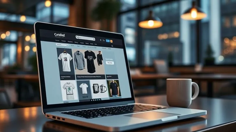 A photorealistic image of a minimalist, stylish e-commerce website interface displayed on a laptop screen, with various custom-designed products (t-shirts, mugs) seamlessly integrated. In the background, out of focus, a digital nomad works from a cozy cafe in a bustling city. Cinematic lighting, sharp focus, 8K hyper-detailed, shot on a high-end DSLR.