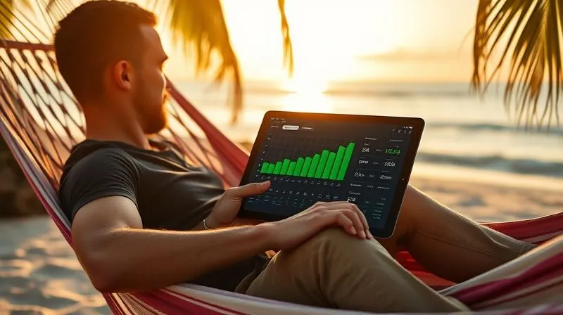 A photorealistic image of a digital nomad sitting comfortably in a hammock on a tropical beach, looking at a tablet displaying a financial dashboard with green, upward-trending graphs. Next to them, a minimalist wallet and a passport. The scene has serene, golden hour lighting, sharp focus on the tablet, 8K hyper-detailed, shot on a high-end DSLR.