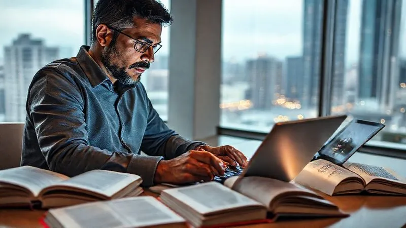 A photorealistic, professional photography, 8K, cinematic lighting, sharp focus, depth of field, shot on a high-end DSLR of a person (diverse ethnicity, mid-30s) intently focused on a laptop screen, surrounded by open books and digital tablets displaying learning platforms. They are in a modern, minimalist co-working space with large windows overlooking a vibrant city, hinting at the global nature of their learning journey. The scene conveys dedication and continuous growth.
