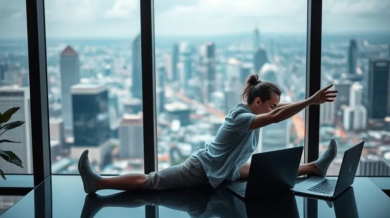 A photorealistic image of a digital nomad stretching purposefully by a large window overlooking a bustling city, laptop on a desk nearby. The nomad looks relaxed yet focused. Cinematic lighting, sharp focus, depth of field, 8K, professional photography, shot on a high-end DSLR.