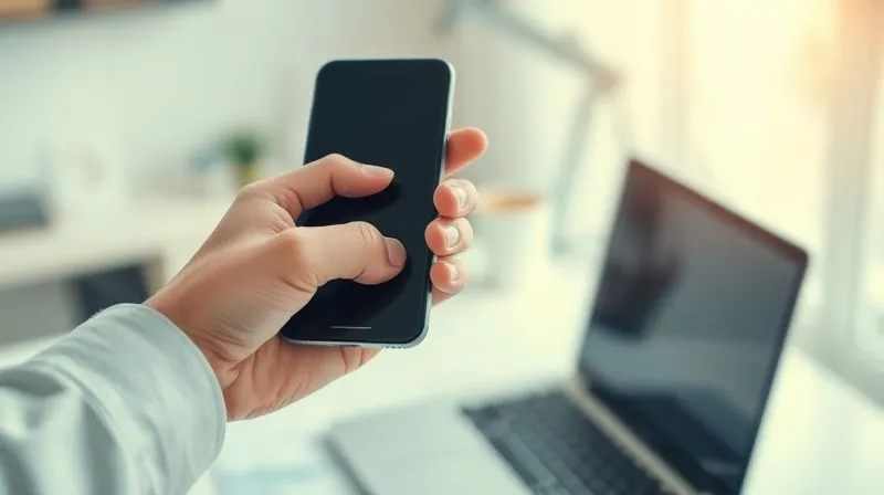 A photorealistic close-up of a digital nomad's hand activating a 'focus mode' on a smartphone, with a blurred background showing a laptop and a calm, organized workspace. Cinematic lighting, sharp focus on the hand and phone, depth of field, 8K, professional photography, shot on a high-end DSLR.