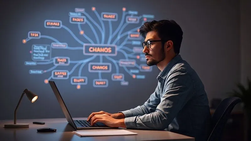 A photorealistic image of a digital nomad sitting at a clean desk, surrounded by a subtle, glowing mind map projected onto the wall, illustrating interconnected tasks and identifying 'chaos' points with red highlights. Cinematic lighting, sharp focus on the nomad's thoughtful expression, depth of field blurring the background, 8K hyper-detailed, shot on a high-end DSLR.