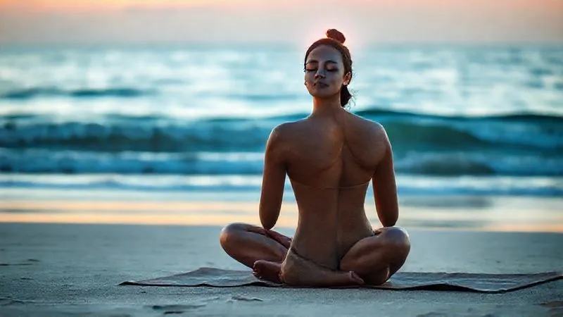 A photorealistic image of a person sitting cross-legged on a yoga mat on a beach at sunrise, eyes closed in meditation, with a faint glow around their head symbolizing clarity and purpose. The ocean waves are gently lapping in the background. Professional photography, 8K, cinematic lighting, sharp focus on the person, depth of field blurring the background, shot on a high-end DSLR.