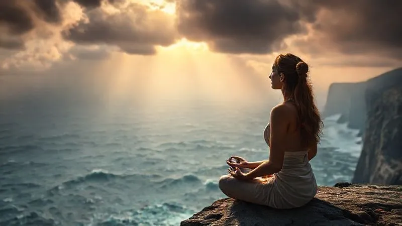 A photorealistic image of a digital nomad, a female, meditating calmly on a cliff overlooking a vast, stormy ocean, with a ray of sunlight breaking through the clouds. She is holding a small, smooth stone, symbolizing inner peace amidst chaos. Professional photography, 8K, cinematic lighting, sharp focus on the nomad, depth of field blurring the background, shot on a high-end DSLR.