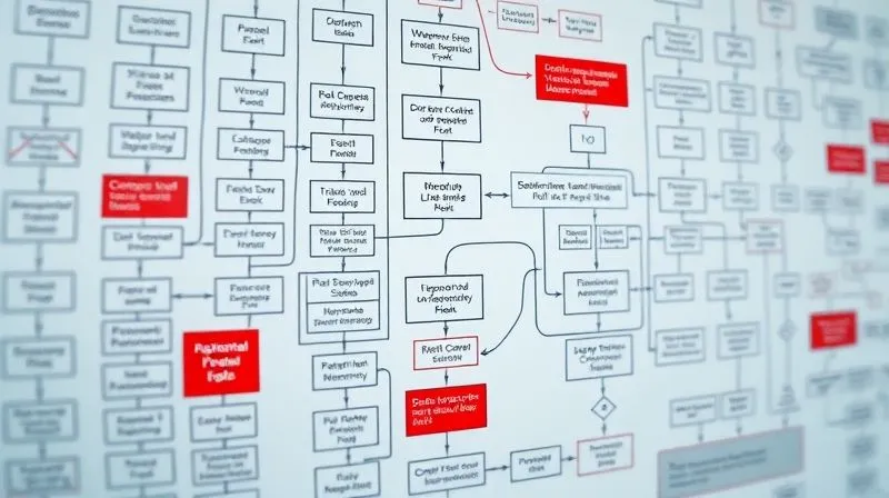 A photorealistic image of a complex flowchart with various decision points and email icons, some highlighted in red indicating potential failure points. Cinematic lighting, 8K, sharp focus, depth of field, shot on a high-end DSLR.