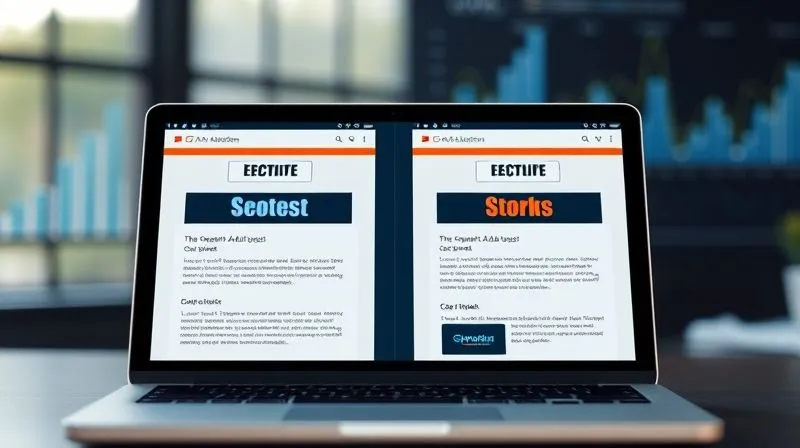 A photorealistic image of two different email interfaces side-by-side on a laptop screen, with subtle variations in headlines and CTAs, representing A/B testing. Data analytics charts in the background, cinematic lighting, 8K, sharp focus, depth of field, shot on a high-end DSLR.