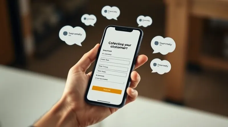 A photorealistic image of a hand holding a smartphone displaying a feedback form, with customer thought bubbles surrounding it, illustrating the collection of user feedback. Cinematic lighting, 8K, sharp focus, depth of field, shot on a high-end DSLR.