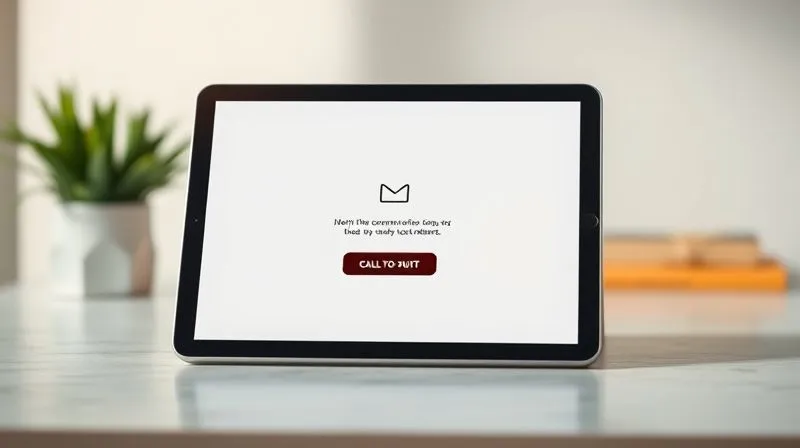 A photorealistic image of a minimalist, clean email interface on a tablet, with a single, clear call-to-action button, emphasizing simplicity and clarity. Cinematic lighting, 8K, sharp focus, depth of field, shot on a high-end DSLR.
