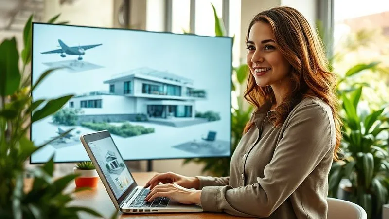 A photorealistic, professional photography, 8K, cinematic lighting, sharp focus, depth of field, shot on a high-end DSLR, of a confident female architect, Sofia, presenting a sustainable building design concept on a large transparent screen in a modern, eco-friendly office. She is smiling, surrounded by lush indoor plants, with a laptop open showing her personal brand website, symbolizing success and stable income through specialized personal branding. Soft, natural light illuminates the scene.
