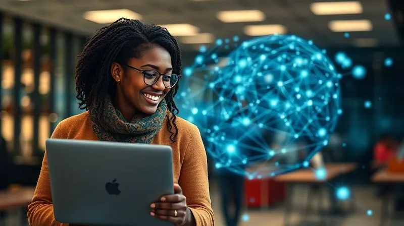 Photorealistic, professional photography, 8K, cinematic lighting, sharp focus, depth of field, shot on a high-end DSLR. Two diverse digital nomads, one with a laptop, the other with a tablet, smiling and making eye contact as if in a deep conversation over a virtual call, with a subtle overlay of a glowing, intricate network symbolizing digital connections and shared vision. The background is a modern co-working space with blurred elements, suggesting global reach and collaboration.