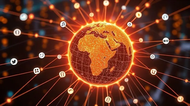 Photorealistic, professional photography, 8K, cinematic lighting, sharp focus, depth of field, shot on a high-end DSLR. A network of glowing digital lines emanating from a central globe, connecting diverse icons representing different types of businesses and digital nomads, expanding outwards into a vast, interconnected web. The scene conveys global reach and scalable growth, with a sense of energy and limitless potential.