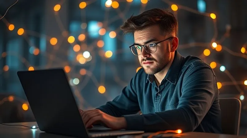 Photorealistic, professional photography, 8K, cinematic lighting, sharp focus, depth of field, shot on a high-end DSLR. A digital nomad, looking perplexed and slightly frustrated, sitting at a laptop, surrounded by tangled, glowing wires and abstract digital obstacles, symbolizing common pitfalls and complexities in online partnerships. The scene evokes a sense of challenge but also the potential for overcoming it.