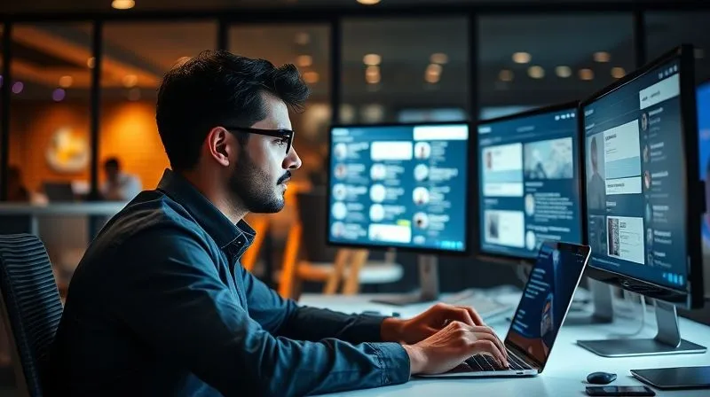 A photorealistic, professional photography image of a digital nomad sitting at a modern desk, illuminated by the soft glow of multiple screens displaying LinkedIn profiles and event agendas. The nomad is thoughtfully highlighting names on a virtual list, with a focused expression. Cinematic lighting, sharp focus on the person and screens, depth of field blurring the background. 8K hyper-detailed, shot on a high-end DSLR, conveying strategic planning and preparation.